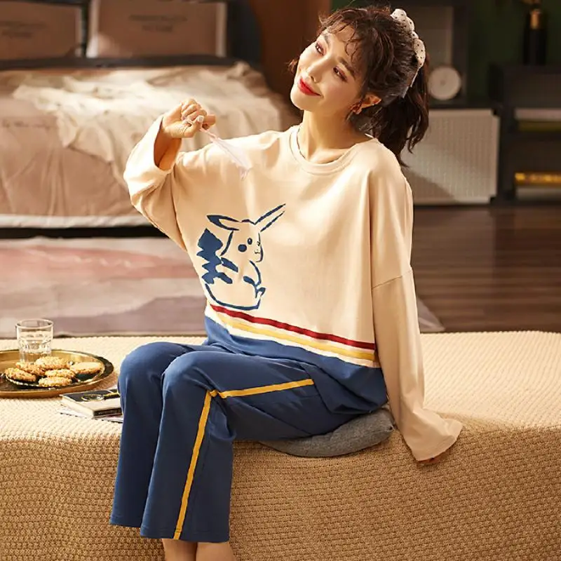 

Couple Fashion Casual Striped Print Loose Long Sleeve Trousers Round Neck Autumn Pajamas Set 2 / pce Set