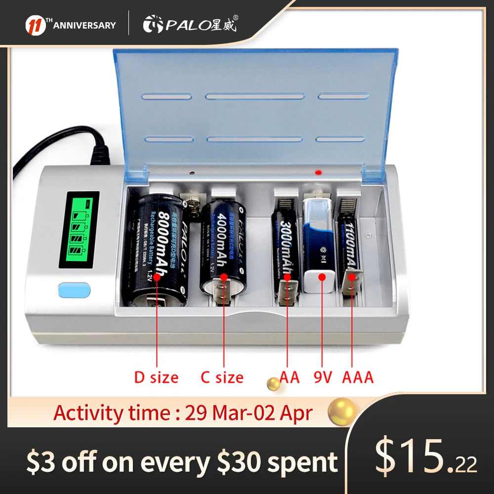 

PALO Intelligent Rechargeable Battery LCD Display 1.2V Ni-MH AA AAA C D Size 9V Batteries Charger C type Fast Discharge