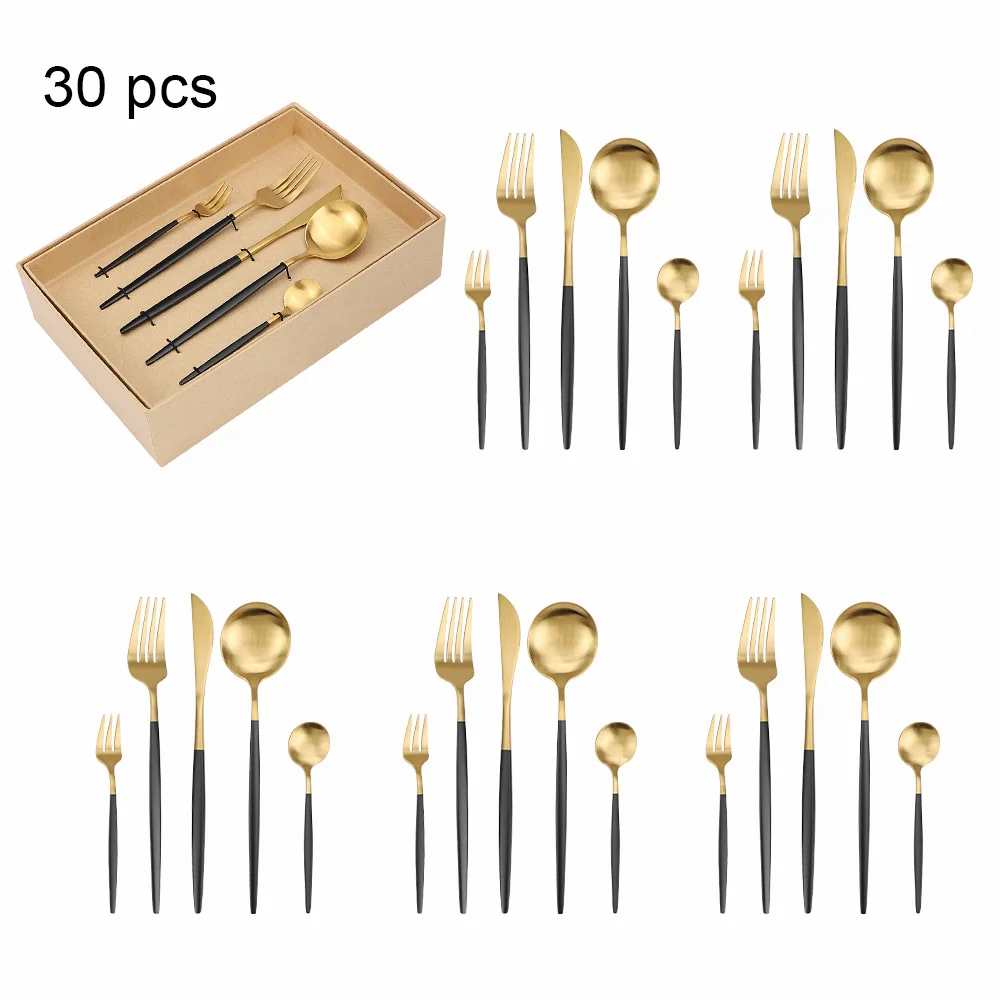 

30Pcs Black Gold Dinnerware Flatware Steel Cutlery Set Fork Spoons Knives Dishwasher Safe Gift Box Wedding Party Tableware Set