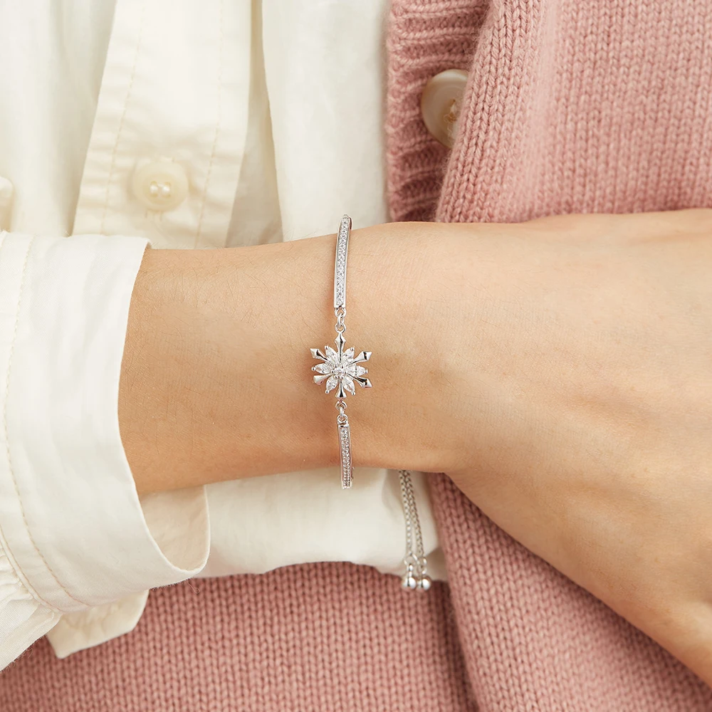 

ZEMIOR 925 Sterling Silver Classic Style Snowflake Bracelets Chain Link Adjustable Bracelet For Women Wedding Engagement Jewelry