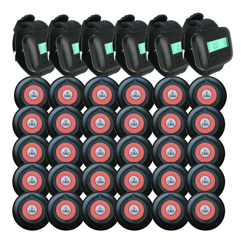 Wireless Restaurant Calling System 6 Watch Receiver With Battery+30 Buttons Pager Frequency 433.92 For Cafe Office or Factory