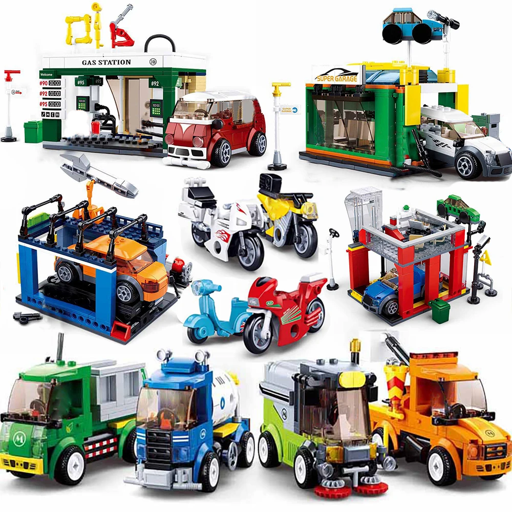 

car garbage truck model wash sets building blocks bricks kids toy gas repair station city super great vehicle motorbike