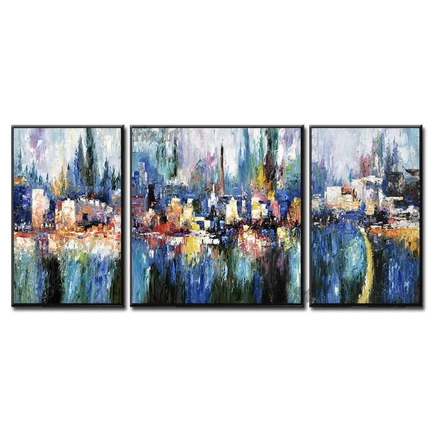

Dark Color Paintings Wall Picture Art Unframed 100% Hand Painted Abstract 3PCS City Building Oil Painting Wall Art Cheap Selling