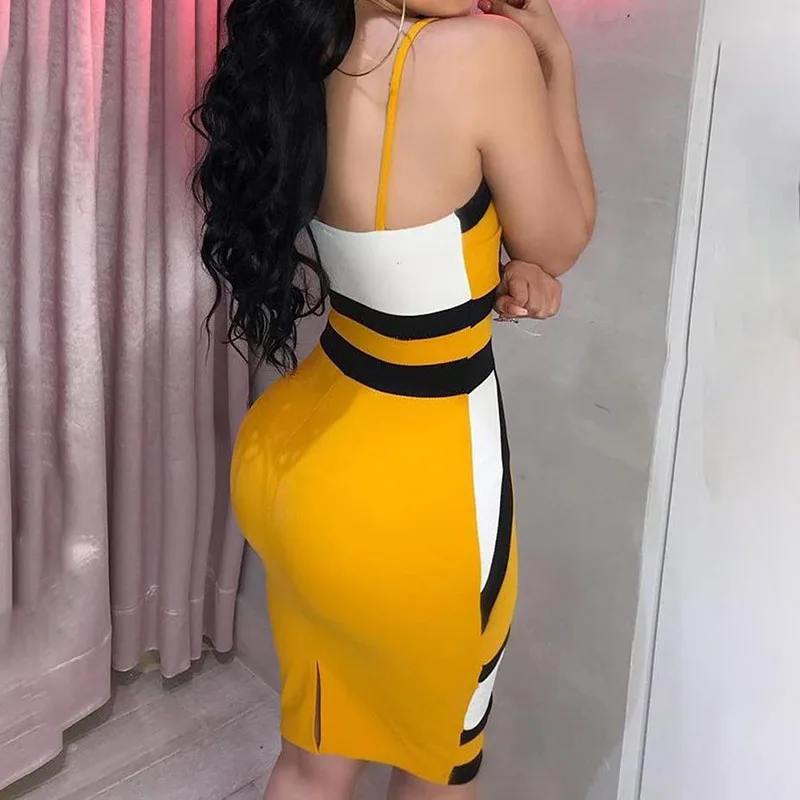

Women Sexy Geometric Figure Yellow Strap Bodycon Casual Deep V Neck Boho Resort High Waist Club Party Dress Strip Camis Dress