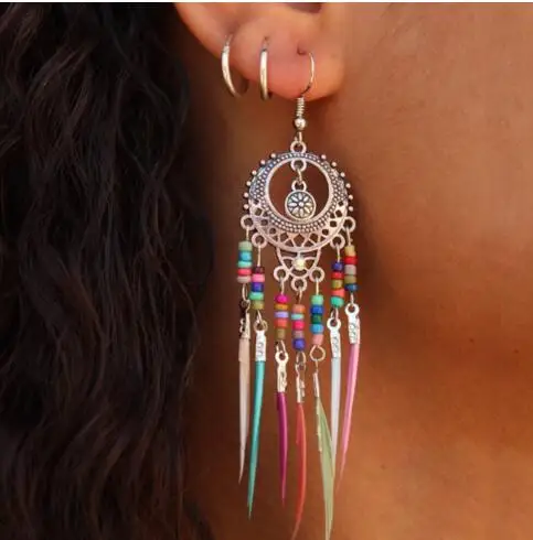 Богемные этнические длинные эффектные Красочные Висячие серьги с кисточками из