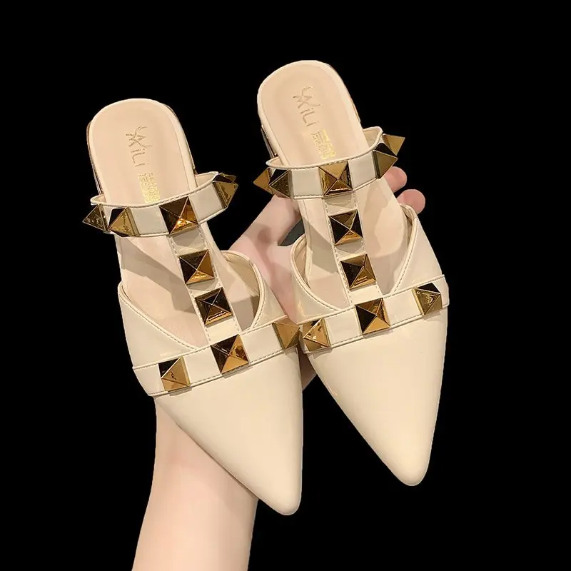 

XIXIYIPIN Sexy Rivet Punk Premium Leather Pointed Toe Women Slides Summer Outdoor Casual Woman Slippers Sandals Ladies Shoes