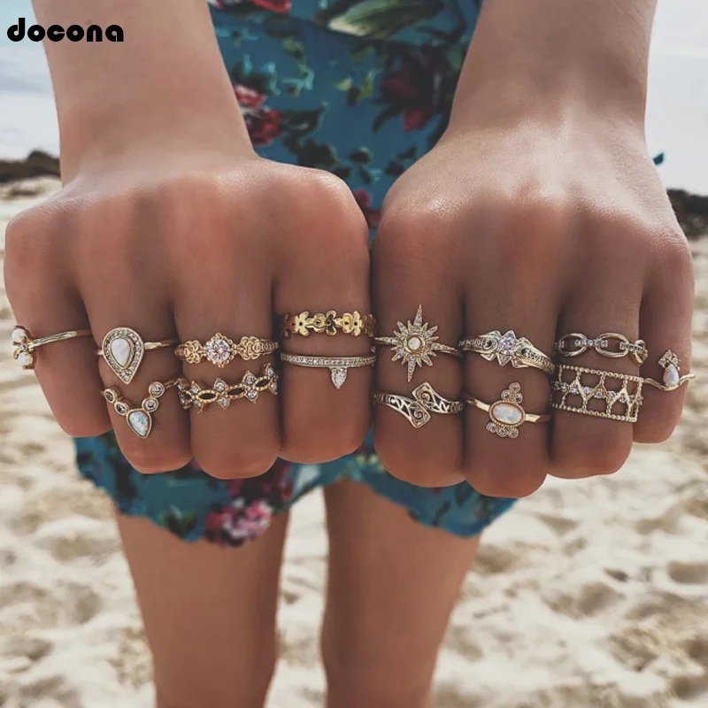 Docona Бохо золотой полый цветок Звезда Опал Набор колец для женщин девушек сплав