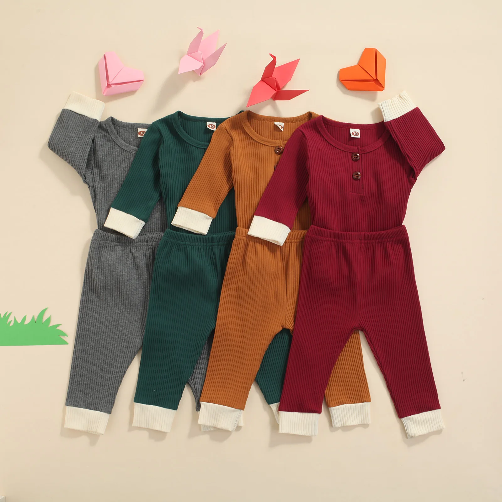 

2Pcs Baby's Sets Newborn Color Block Long Sleeve Ribbed Pullover Top Elastic Trousers Toddler Girls Boys Autumn Winter 0-4 Years