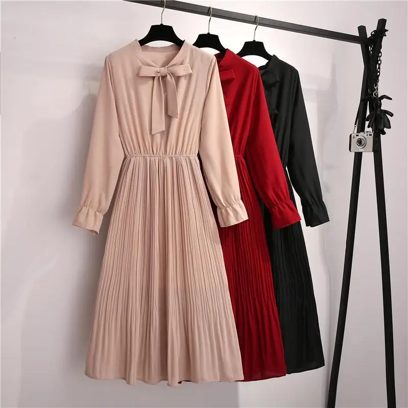 

2021Women's Autumn Dress Retro V-Neck New Korean Slim Lady Commute Long-Sleeved Casual A-Line Midi 3XL Soild Black Red Dress