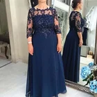Темно-синее элегантное платье для матери невесты, шифоновое длинное платье для матери жениха с аппликацией и рукавом 34 для свадебной вечеринки