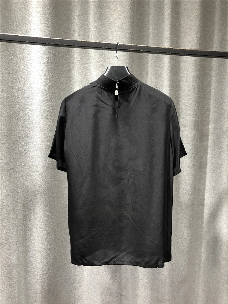 

High Neck Black Short Sleeve Silk T Shirt 2020 New Spring Summer Simple Temperament Straight Tops