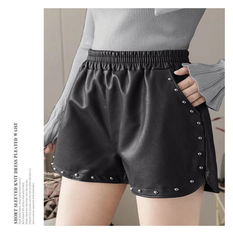 

Women Elastic High Waist Faux Leather Shorts Female Beading A Line wide Leg Short Lady Plus Size Loose Baggy PU Leather Shorts