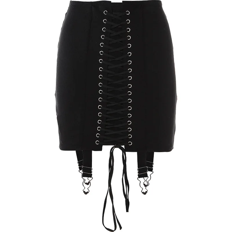 

InsDoit Vintage Lace Up Black Skirt Gothic Punk Metal Patchwork High Waist Skirt Women Streetwear Bodycon Eyelet Bandage Skirts