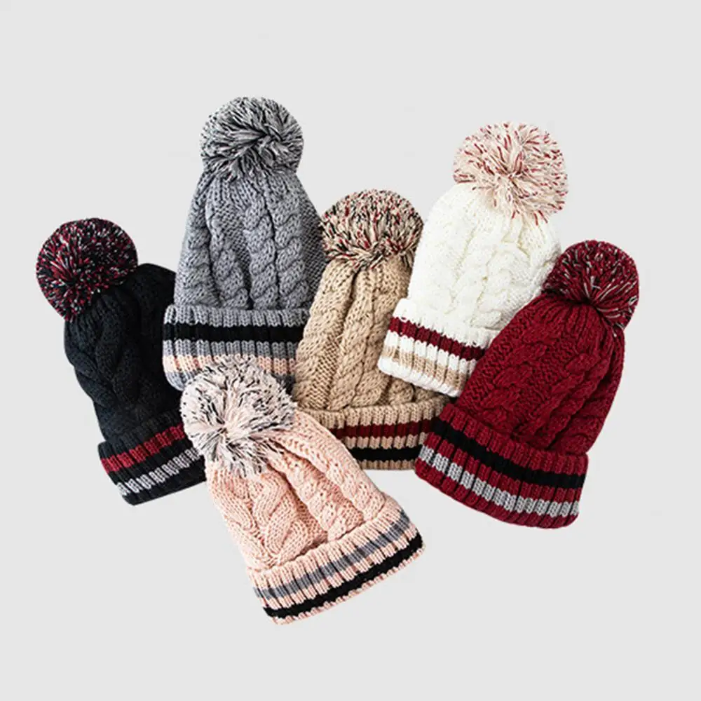 

65% Dropshipping!Women's hat winter pompom striped wool yarn twisted knitted plush warm beanie