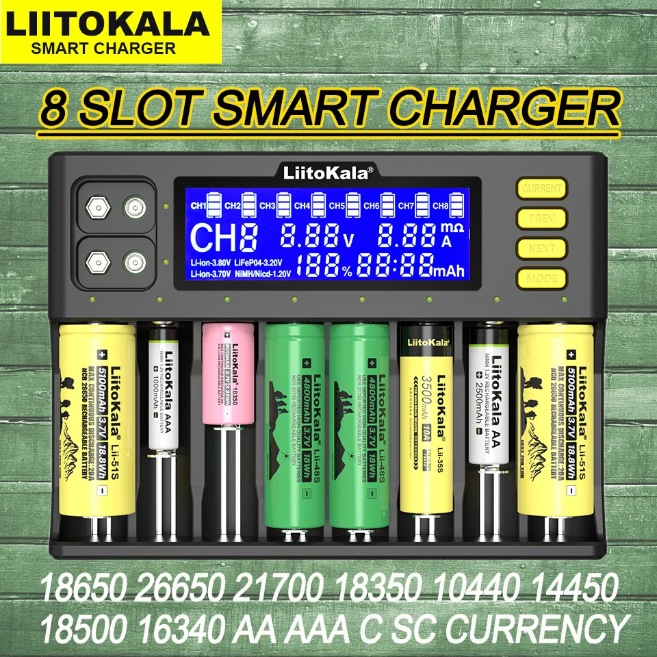 

LiitoKala Lii-S8 Lii-PD4 Li-ion 3.7V NiMH 1.2V Li-FePO4 3.2V IMR 3.8V for 18650 26650 21700 26700 18350 AA AAA Battery Charger