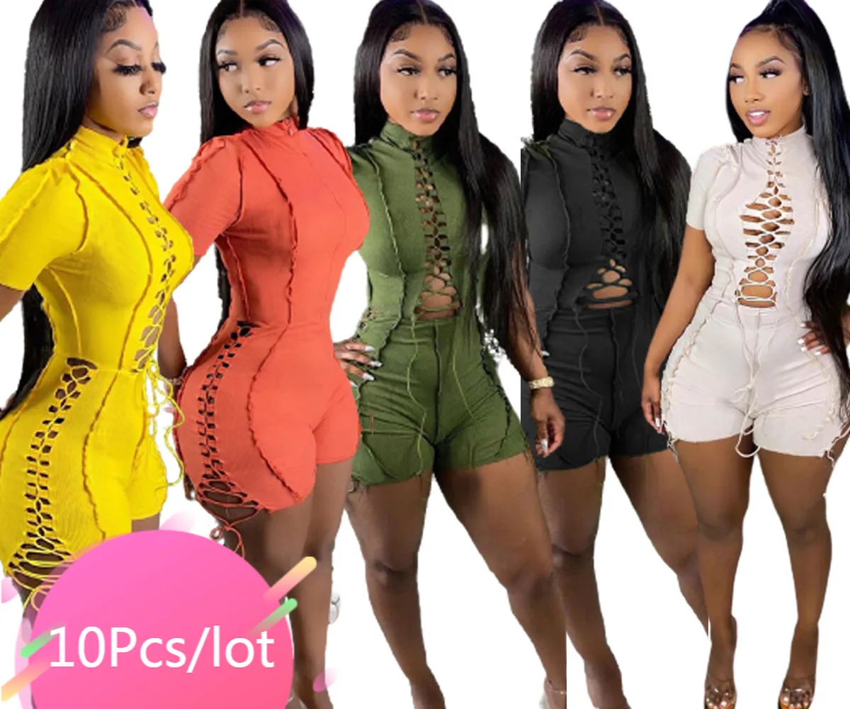 

Bulk Items Wholesale Summer Women Shorts Jumpsuits Solid Lace Up Hollow Out Romper Sexy Bandage Night Club One Piece Outfits