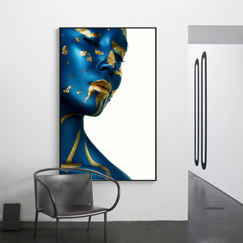 Настенная картина синее лицо Золотая Картина на холсте абстрактные принты и
