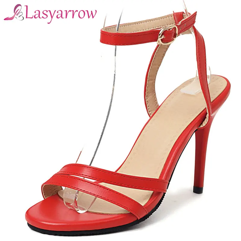 

Lasyarrow Women Buckle Sandals White Red Stiletto High Heel Shoes Fashion 2021 Summer New Thin Heels Peep Toe Shoes Woman