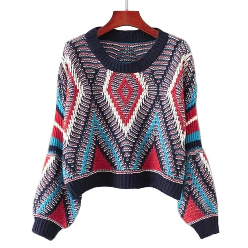 

New Fashion round Neck Pullover Diamond Geometric Pattern Knitted All-match Sweater Women sueter mujer pullover