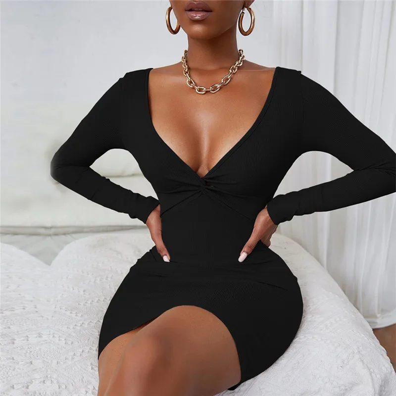 

WJFZQM Long Sleeve Deep V Neck Black Wrap Ruched Bodycon Dress For Women Sexy Elegant Short Mini Club Party Dresses 2021 Autumn