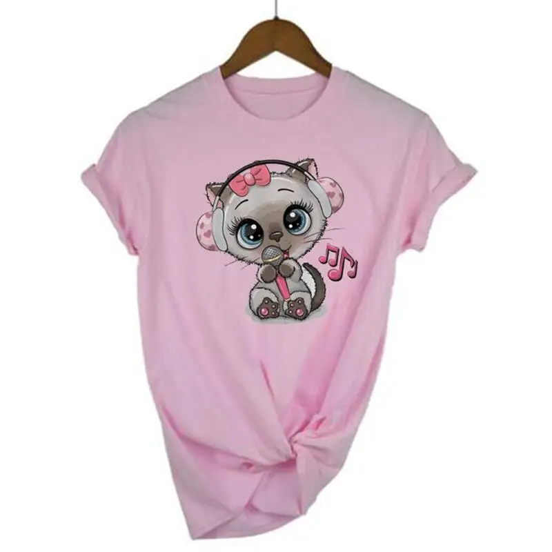 

Женские футболки, Милая футболка с графическим принтом мультяшных кошек, женская футболка в стиле Харадзюку, забавная Повседневная хлопков...