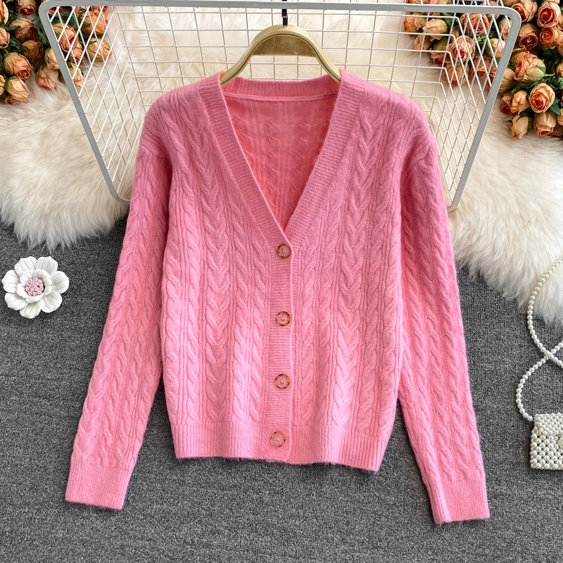 

Осенне-зимний женский свободный вязаный однобортный Повседневный свитер с длинным рукавом и V-образным вырезом