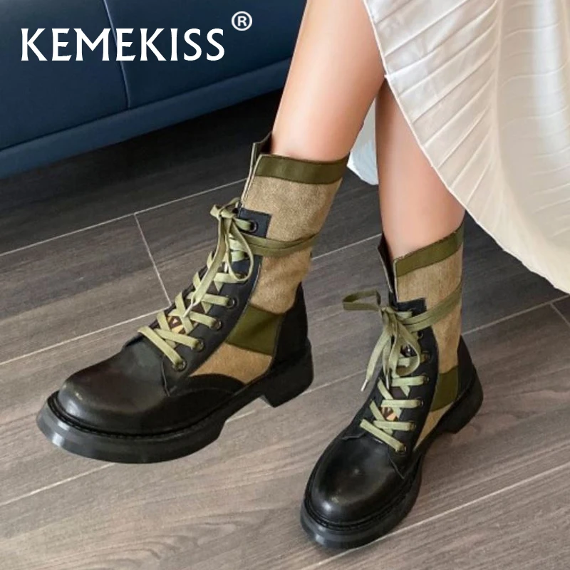 

KemeKiss Women Shoes Real Leather Mid Calf Boots Shoes Low Heels Mixed Color Cool Winter Warm Ladies Footwear Size 34-39
