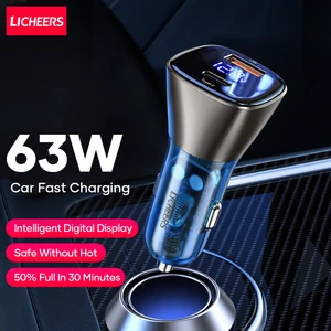licheers 63w car charger usb type c car phone charger translucent dual port pd qc fast charging for laptop iphone samsung xiaomi free global shipping