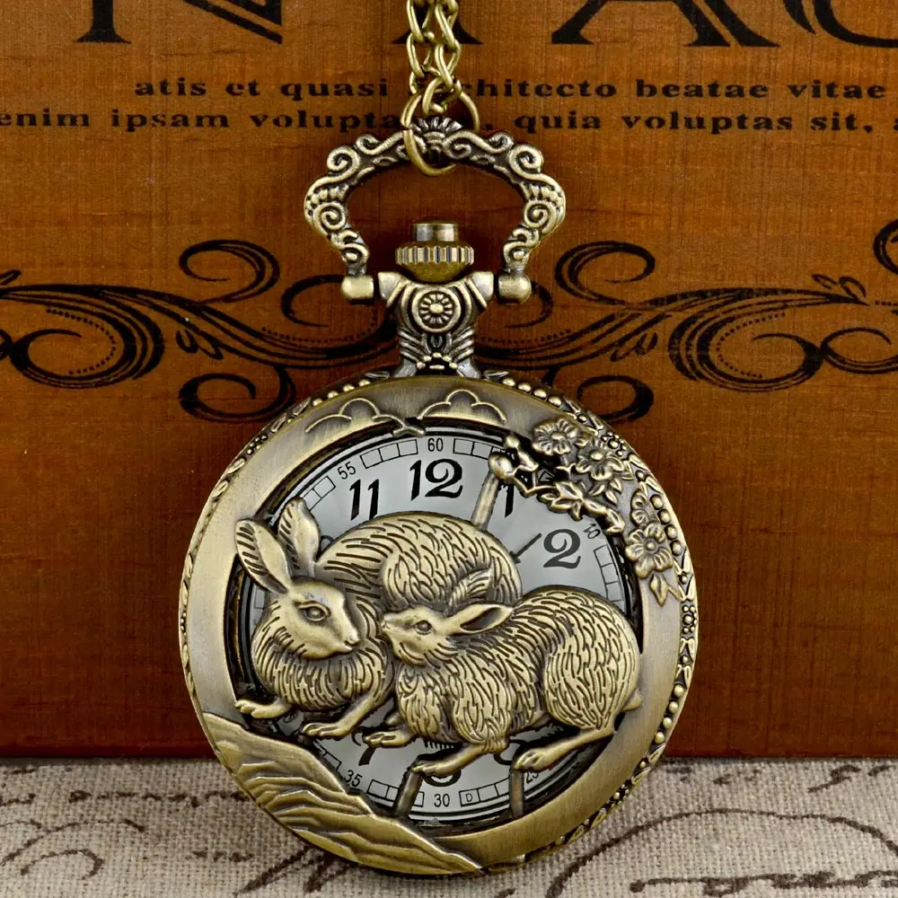 

Vintage Bronze Rabbit Graphic Quartz Pocket Watch with Chain Retro Men Women Classic Pendant Necklace Clock Gift