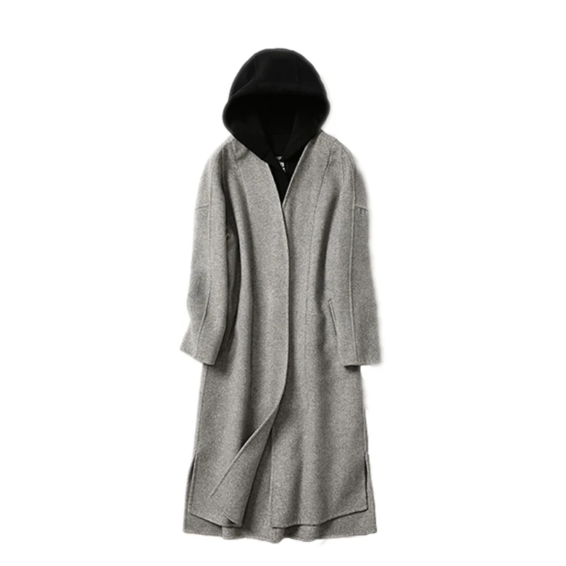 

Brand jacket women wool coat with hooded double cashmere coat 2020 autumn winter spring female long loose woolen overcoat black