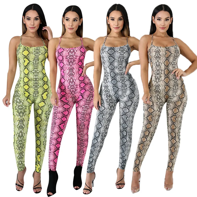 

Hot Recommend Style Serpentine Print Slim-fit Pencil Leggings Jumpsuit Sexy Ladies Casual Slip Rompers Bodycon Catsuit Overalls