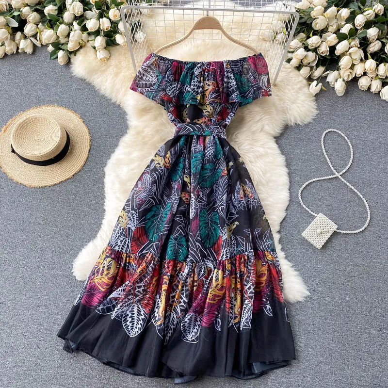 

Summer Clothes for Women 2021 Runway Designer Ruffles Slash Neck Print Vintage Sexy Party Dress Elegant Midi Holiday Robe Femme
