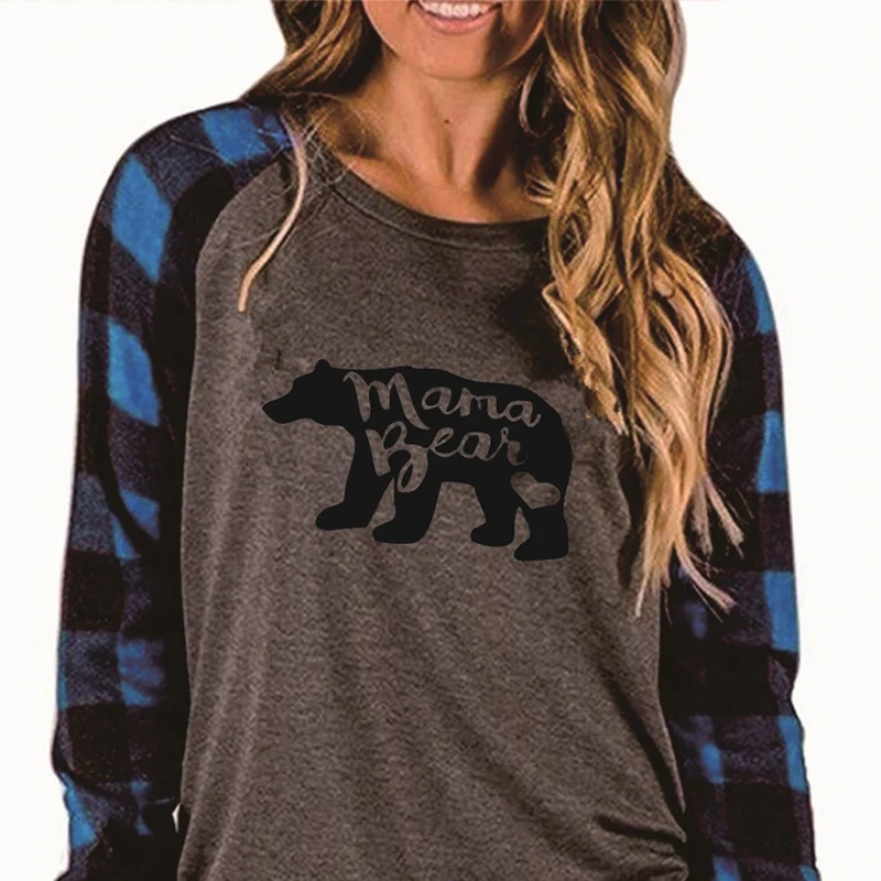 Пэдди дизайн медведя и надписью MAMA с принтом в клетку футболка осень-зима длинным