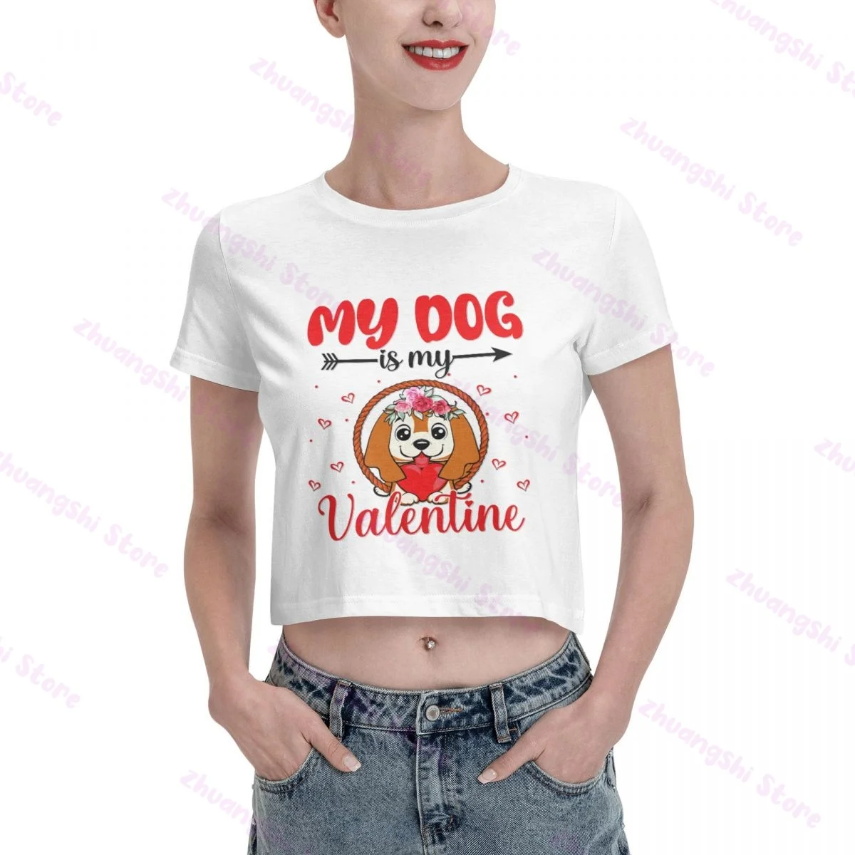 

My Dog Is Valentine Short crop T-shirt for women