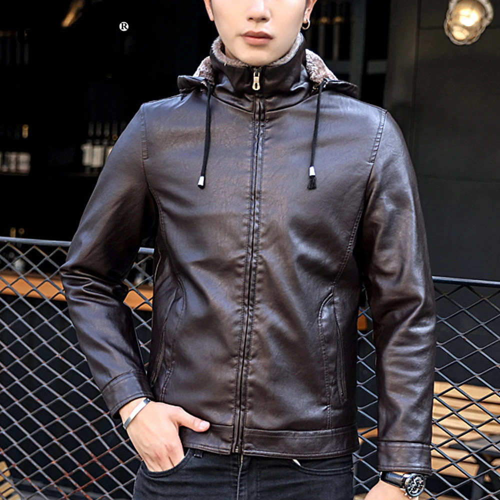 

Trend 2021 New Spring Winter Mens Fur Hoodies Faux Pu Leather Jacket Motorcycle Tunic Outerwear Men Clothing Plus Size M-5XL