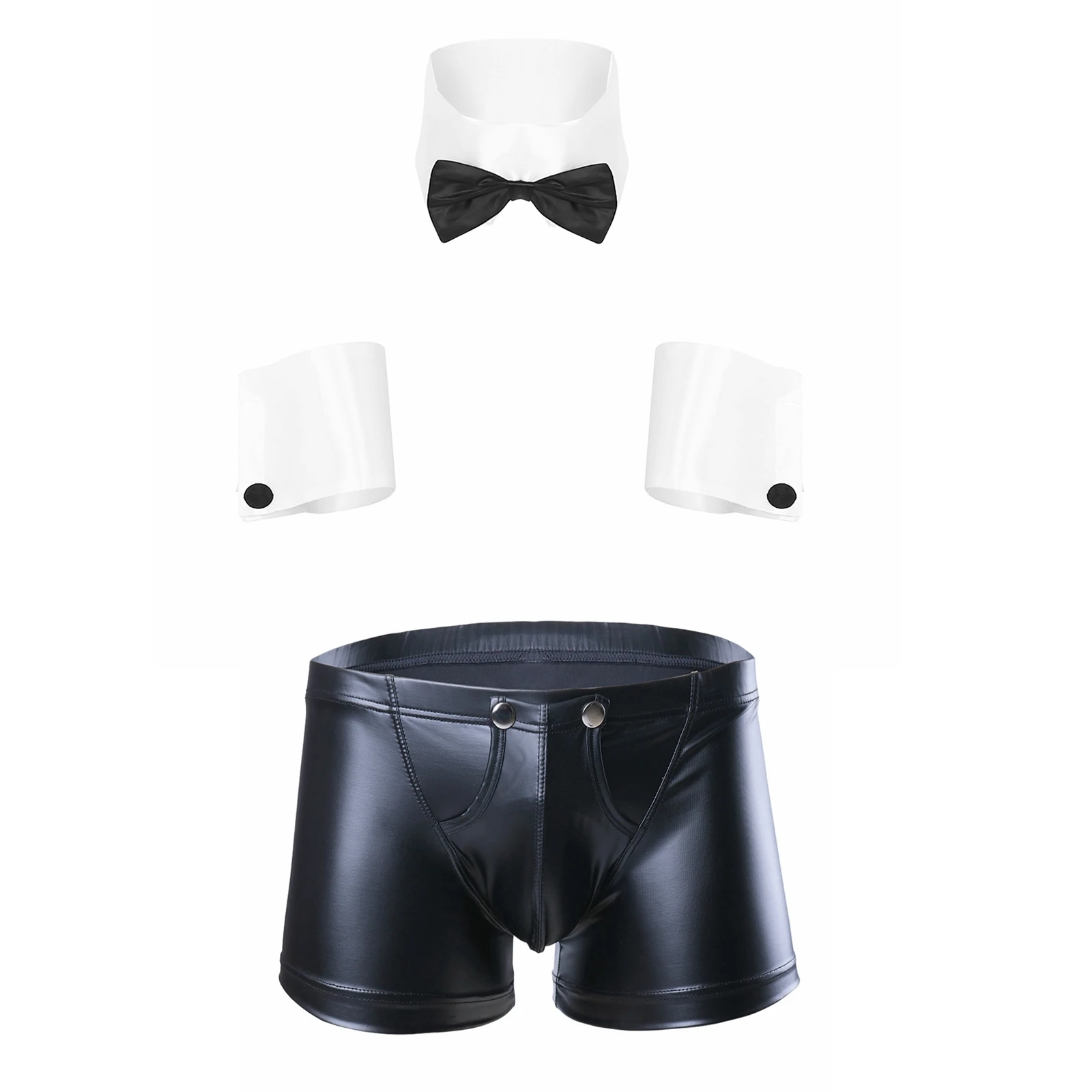 

Men Faux Leather Lingerie Suit Bowknot Collar Cuffs Low Waist Bulge Pouch Shorts Underwear Sissy Clubwear Nightclub Costume