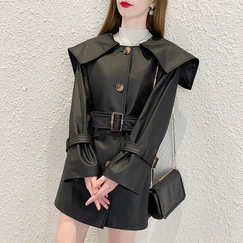 

Куртка стройнящая женская из натуральной кожи, однобортное модное пальто с поясом и темно-синим воротником