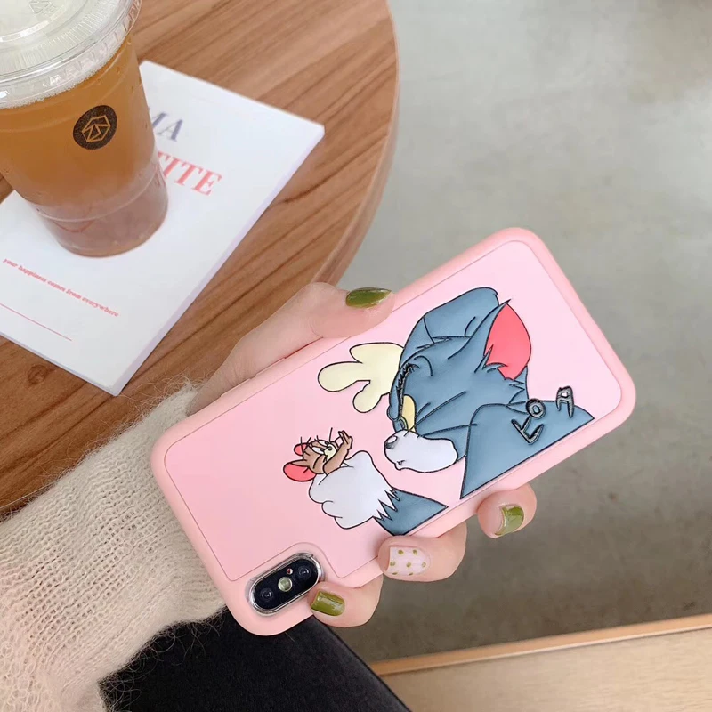 Милый чехол для пары Tom Jerry для iPhone 6 6 plus 7 7plus 8 8plus X XR XS MAX, Забавный чехол для телефона из искусственной кожи с мультяшной мышкой и кошкой - Цвет: Розовый