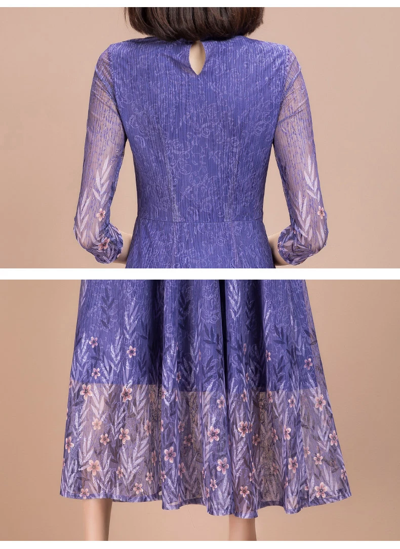 

2021 Spring Latest Fashion Three Quarter Sleeve Purple Lace A Line Dress for Women