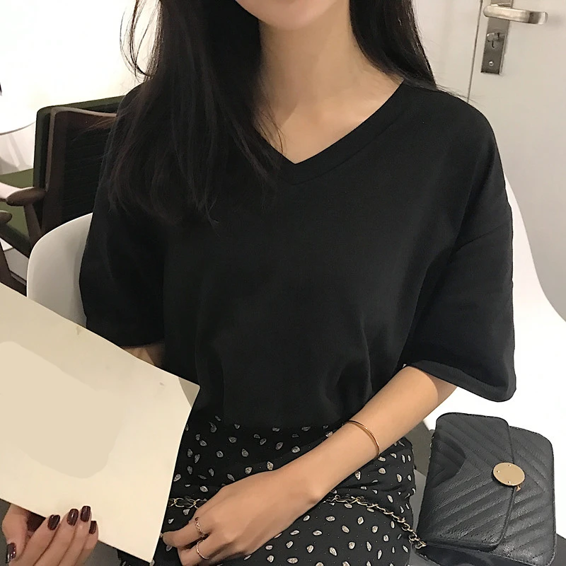 Летняя женская футболка с коротким рукавом однотонная Корейская Повседневная v