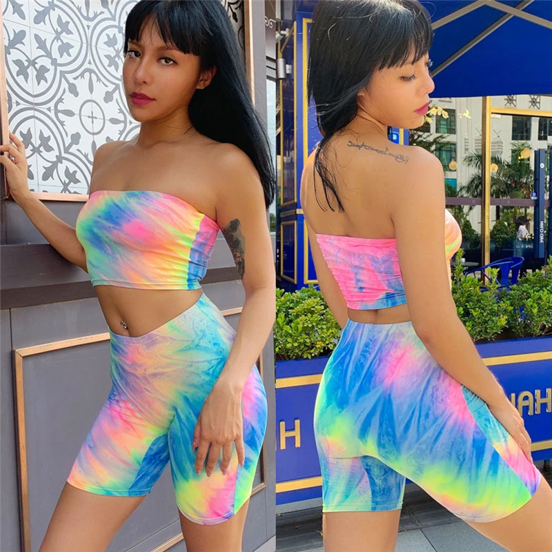 

Women Sexy 2Pcs Set Bandeau Cropped Top Slim Shorts Summer Sexy Tie-dye PrintOutfits Vintage Gradient Printing Casual Tracksuit