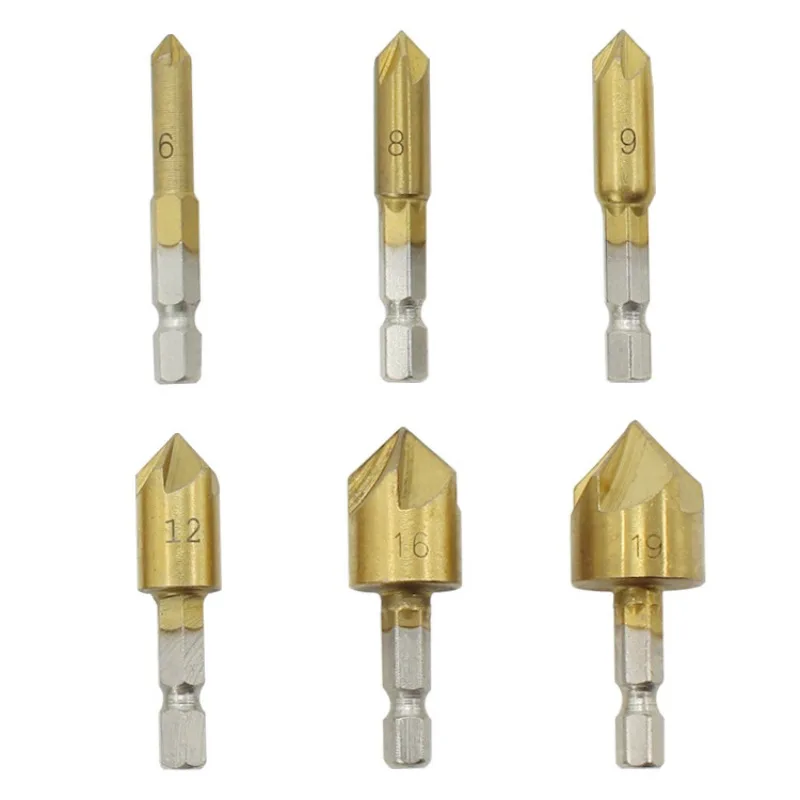 

Power Tool 90 Degree 5-Flute Chamfering Cutter High Carbon Steel Countersink Drill Bit Hex Shank Titanium Plated