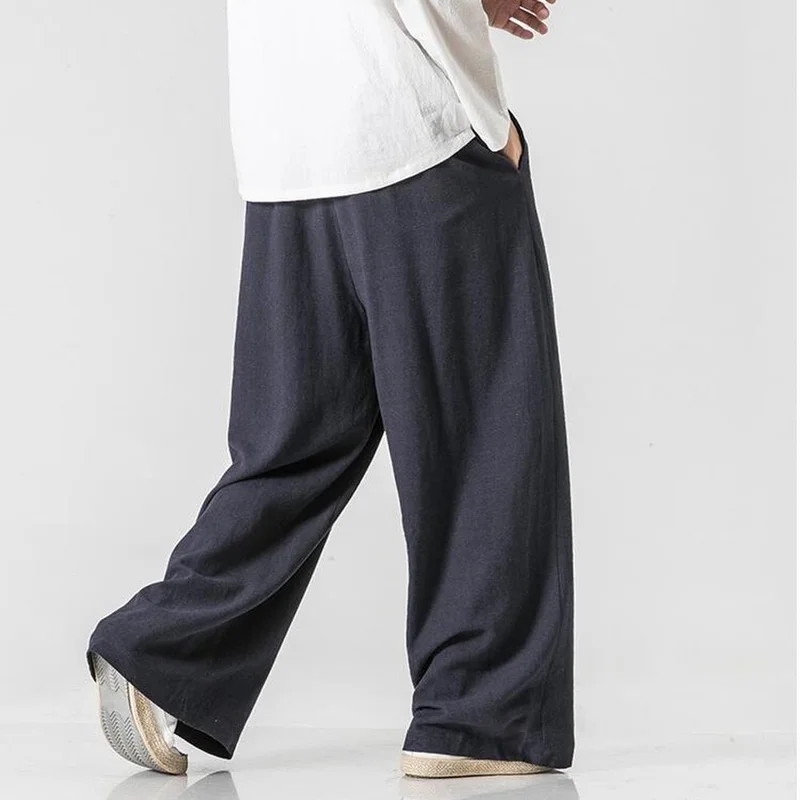 

Men Wide Leg Pants Vintage Casual Trouser 2019 Chinese Style Linen Elastic Waist Loose Plus Size Solid Color Anti-mosquito Pants