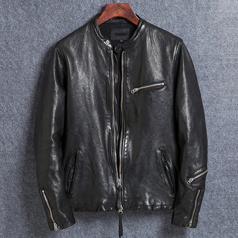 

2020 Black Men Slim Fit Biker's Jacket Stand Collar Genuine Sheepskin Spring Fashion Motorcycle Leather Coat