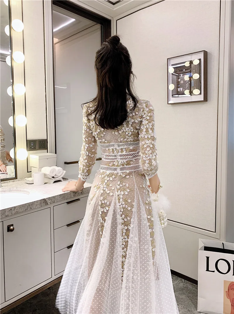 

YAMDI elegant spring summer long sleeve party luxury dress dresses women boho 2020 runway vintage a-line lace hollow out mesh