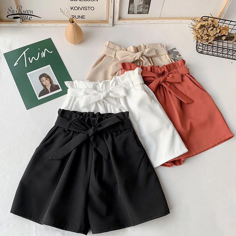 

Летние эластичные шорты с высокой талией и широкими штанинами, Женские однотонные повседневные свободные шорты в Корейском стиле на завязк...