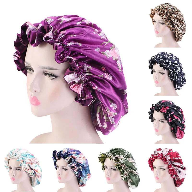 

Hat Sleep Bandanas Night Sleep Cap Bonnets Casual Large Flower Turban Leopard Silk Satin Print Floral Sleep Bandanas Elegant Cap