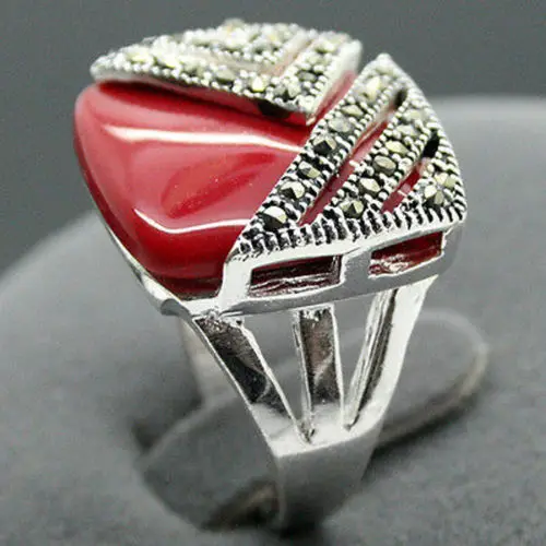 

New Design 14*15mm Square Red Coral Marcasite Sterling Silver Ring Size