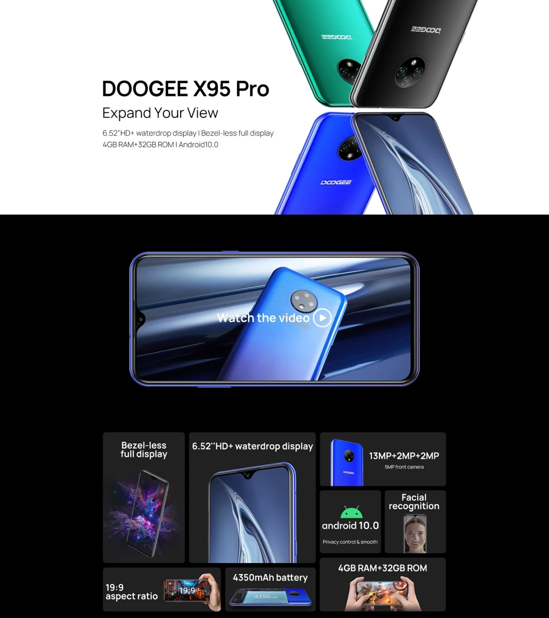 DOOGEE X95 Pro 4 ГБ 32 Android 10 4350 мАч аккумулятор 6 52 дюйма сеть 4G Тройная тыловая камера