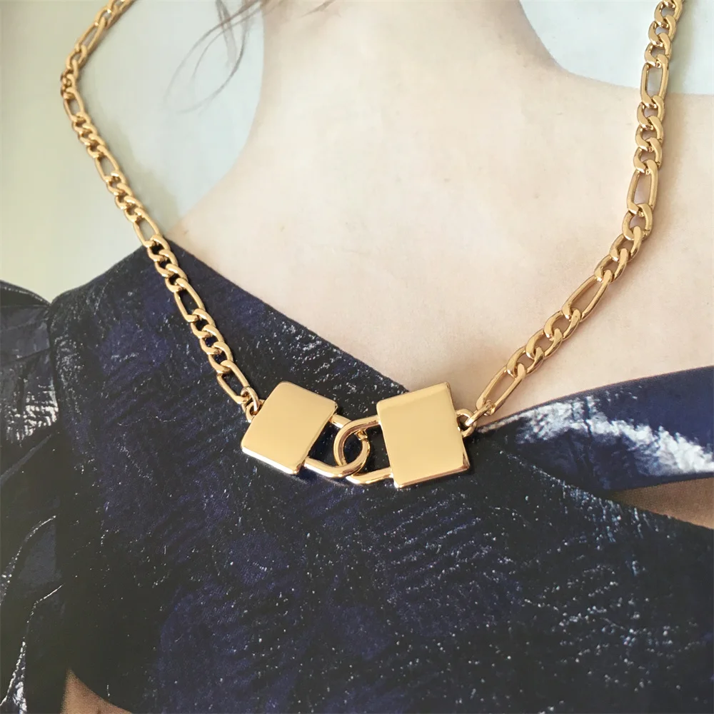 Цепочка с двумя замками для женщин и девушек ожерелье золотого цвета элегантная